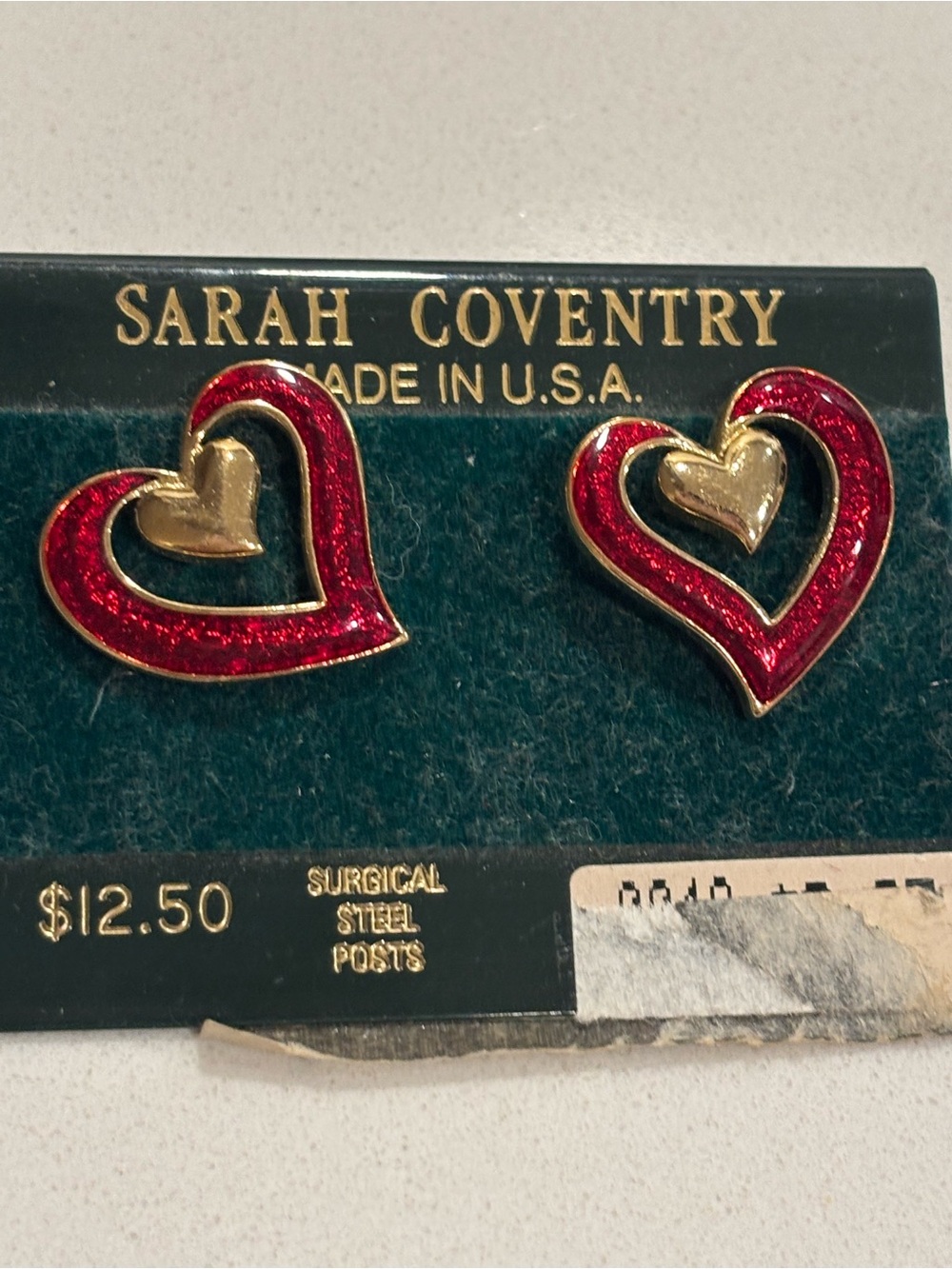 Sarah Coventry Red and Gold Double Heart Stud Earrings